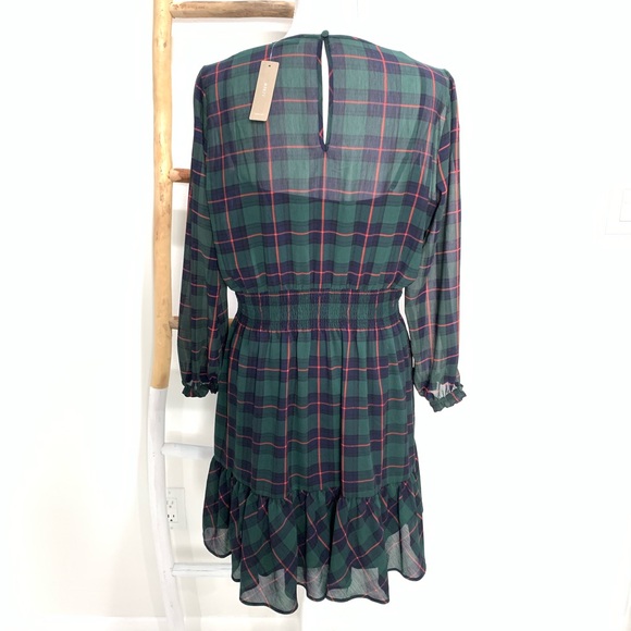 J.Crew Plaid Ruffled Dress, Large Petite, Green Chiffon, Cinched Waist - Picture 5 of 9